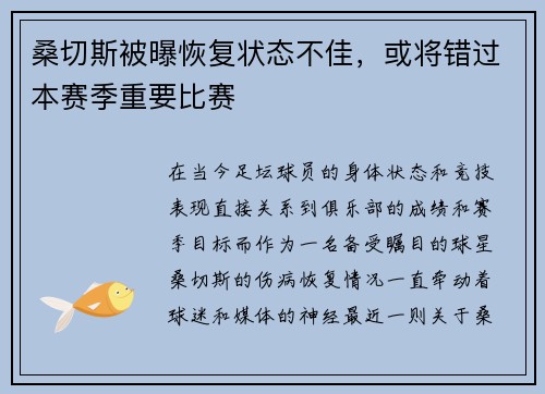 桑切斯被曝恢复状态不佳，或将错过本赛季重要比赛