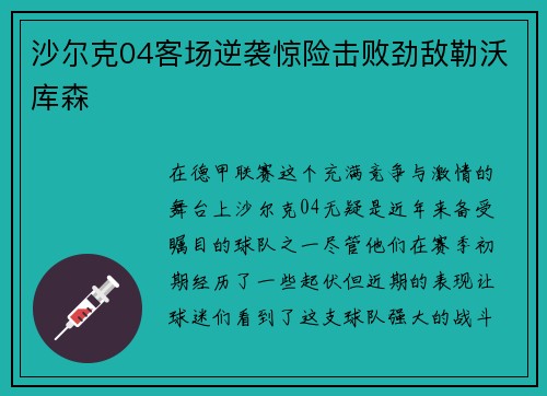 沙尔克04客场逆袭惊险击败劲敌勒沃库森
