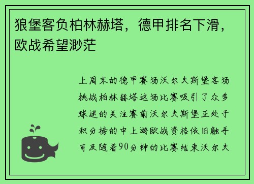 狼堡客负柏林赫塔，德甲排名下滑，欧战希望渺茫