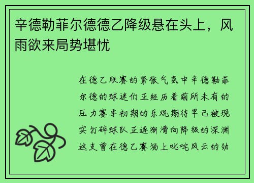 辛德勒菲尔德德乙降级悬在头上，风雨欲来局势堪忧